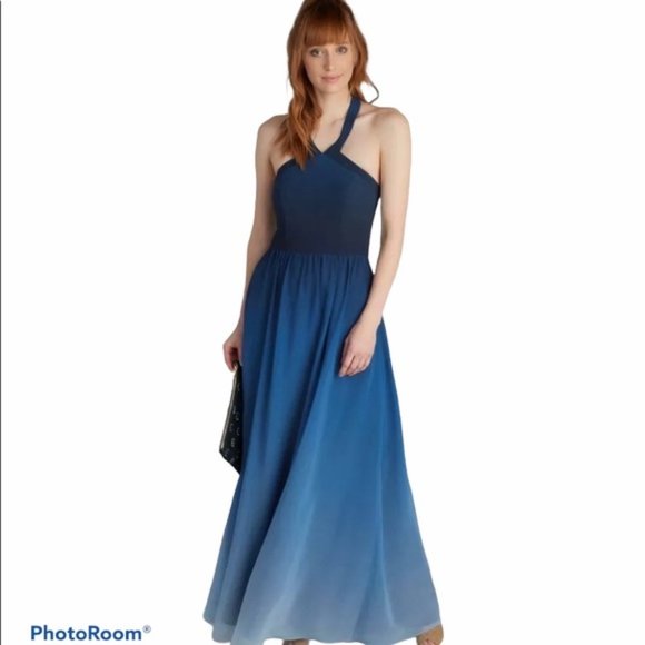 Modcloth Dresses & Skirts - MODCLOTH Woman's Elegance Achieved Navy Blue Ombré Halter Neck Maxi Dress L